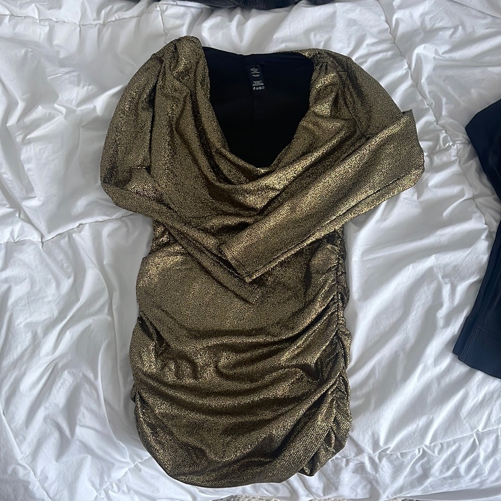 h:ours scoop neck gold cocktail dress